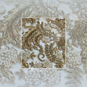 Luxury White & Gold Pearl Embroidered Designer Fabric