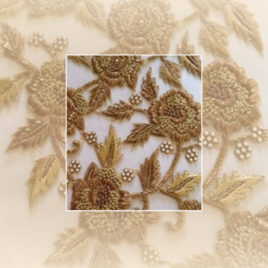 Elegant Cream & Antique Gold Embroidered Designer Fabric