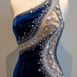 Midnight Blue Crystal One-Shoulder Evening Gown