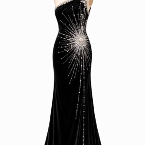 Black One Shoulder Crystal Evening Gown