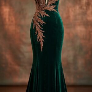 Emerald Velvet Embroidered Evening Gown