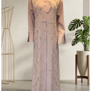 Dusty Rose Vine Embroidered Buttoned Abaya