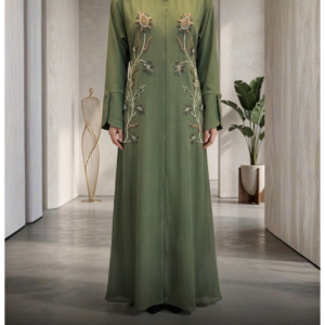 Elegant Olive Green Floral Embroidered Abaya