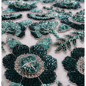 Emerald Sequin Floral Hand-Embellished Beaded Fabric