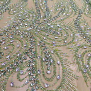 Sage Emerald Paisley Crystal Embroidered Luxury Fabric