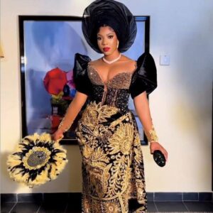 Midnight Royal Black & Gold George Wrapper with Luxury Embroidery and Gele