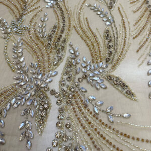 Luxury Champagne Crystal Leaf Embroidered Fabric