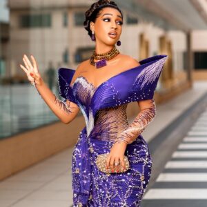 Royal Amethyst Couture Beaded Wrapper Gown with Sculpted Off-Shoulder Bodice