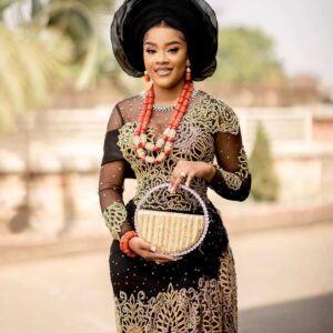 Regal Black & Gold George Wrapper with Luxury Beadwork, Coral Accessories & Gele