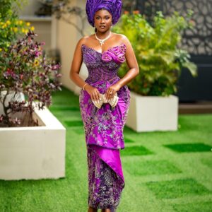 Luxury Purple George Wrapper with Hand-Beaded Corset and Gele
