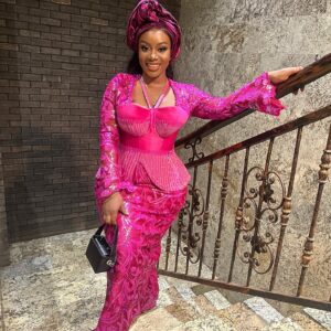 Luxury Fuchsia Pink George Wrapper with Hand-Beaded Peplum Bodice and Gele
