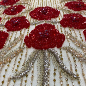 Luxury Red Floral Hand Beaded Embroidered Fabric