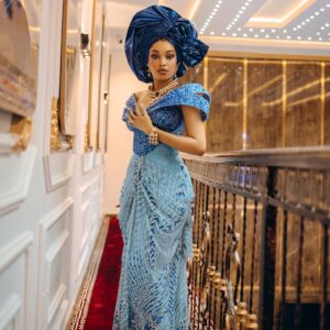 Royal Sapphire Blue George Wrapper with Luxury Crystal Embellishments & Gele