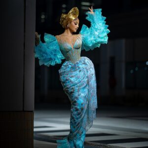 Aqua Majesty George Wrapper Gown with Ruffle Sleeves and Crystal Embellishments
