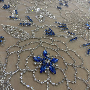 Royal Blue Floral Crystal Embroidered Fabric