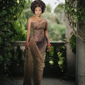 Bronze Luxe George Wrapper Gown with Crystal Bead Embellishments
