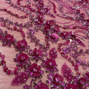 Fuchsia Blossom Crystal Embroidered Couture Fabric